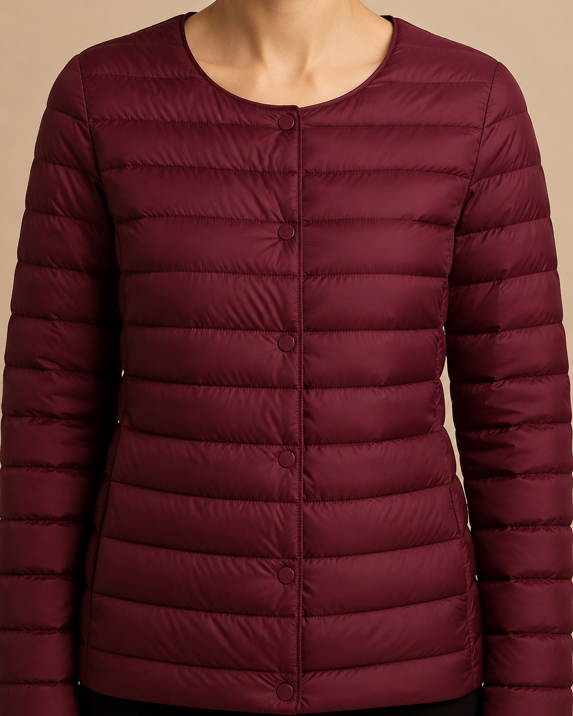 Women's Lightweight Down-Filled Quilted Jacket for Layering in Wine Red, 05 material macro, worn by model