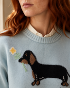 Women's Dachshund Motif Crewneck Knit Sweater in Sky Blue, 05 material macro, worn by model