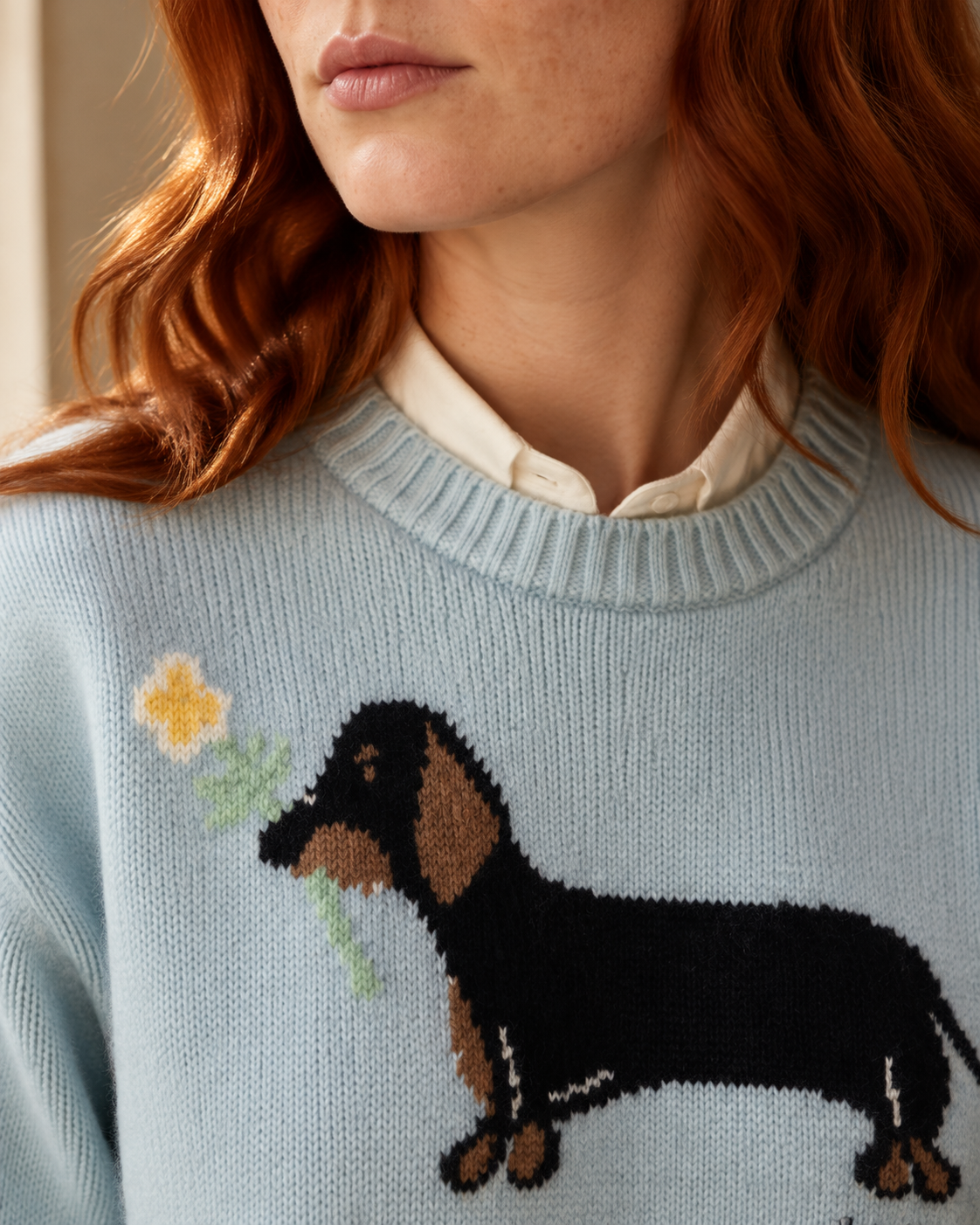 Women's Dachshund Motif Crewneck Knit Sweater in Sky Blue, 05 material macro, worn by model