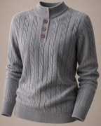 Half-height Henry Collar Button Twisted Sweater Thick Fashion Men's Knitwear in TL702 Stone Gray, 05 material macro, worn by model