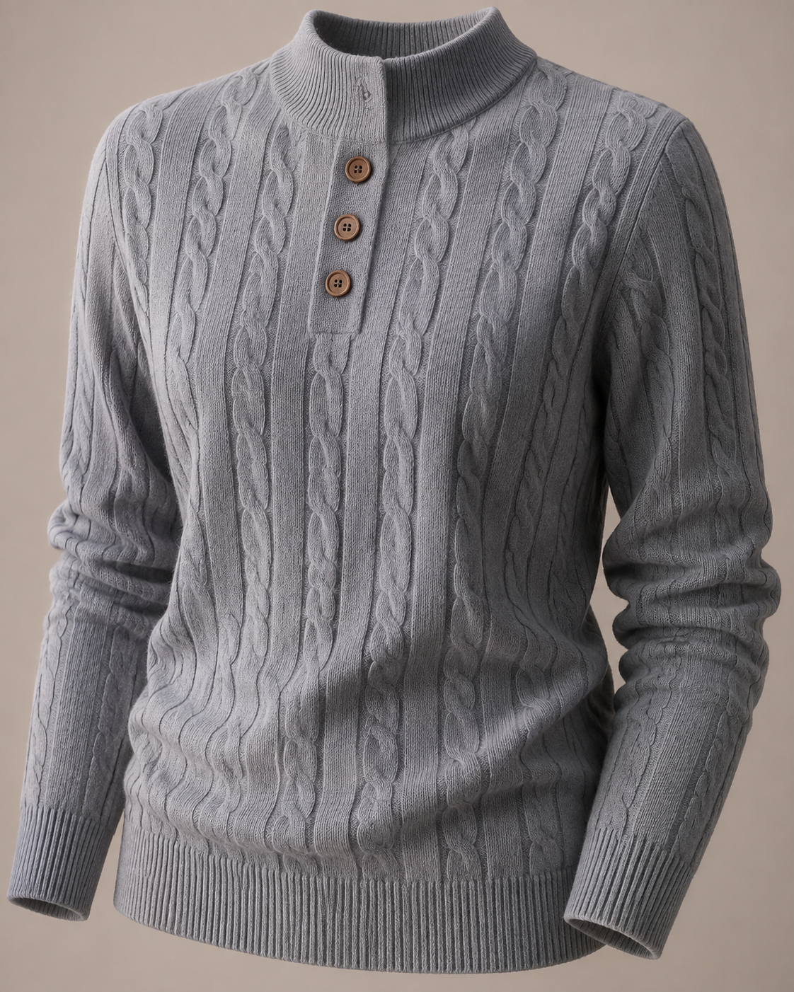 Half-height Henry Collar Button Twisted Sweater Thick Fashion Men's Knitwear in TL702 Stone Gray, 05 material macro, worn by model