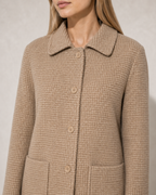 Women's Longline Lapel Coat for Everyday Layering in Camel, 05 material macro, worn by model
