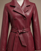 Women's Belted Trench Coat with Notched Collar in Red, 05 material macro, worn by model