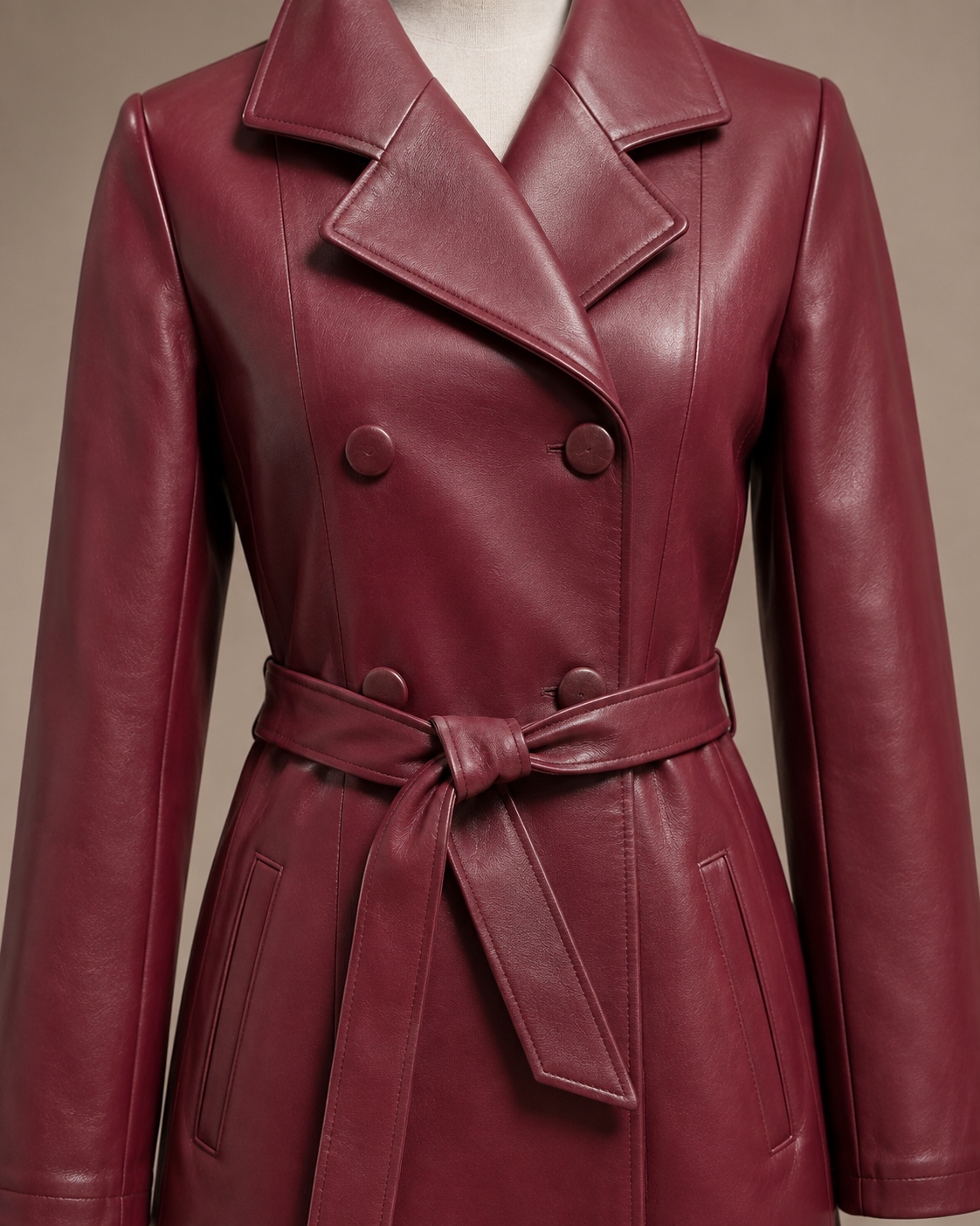 Women's Belted Trench Coat with Notched Collar in Red, 05 material macro, worn by model