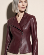 Women's Faux Leather Moto Jacket with Zip Front in Angola Red, 05 material macro, worn by model