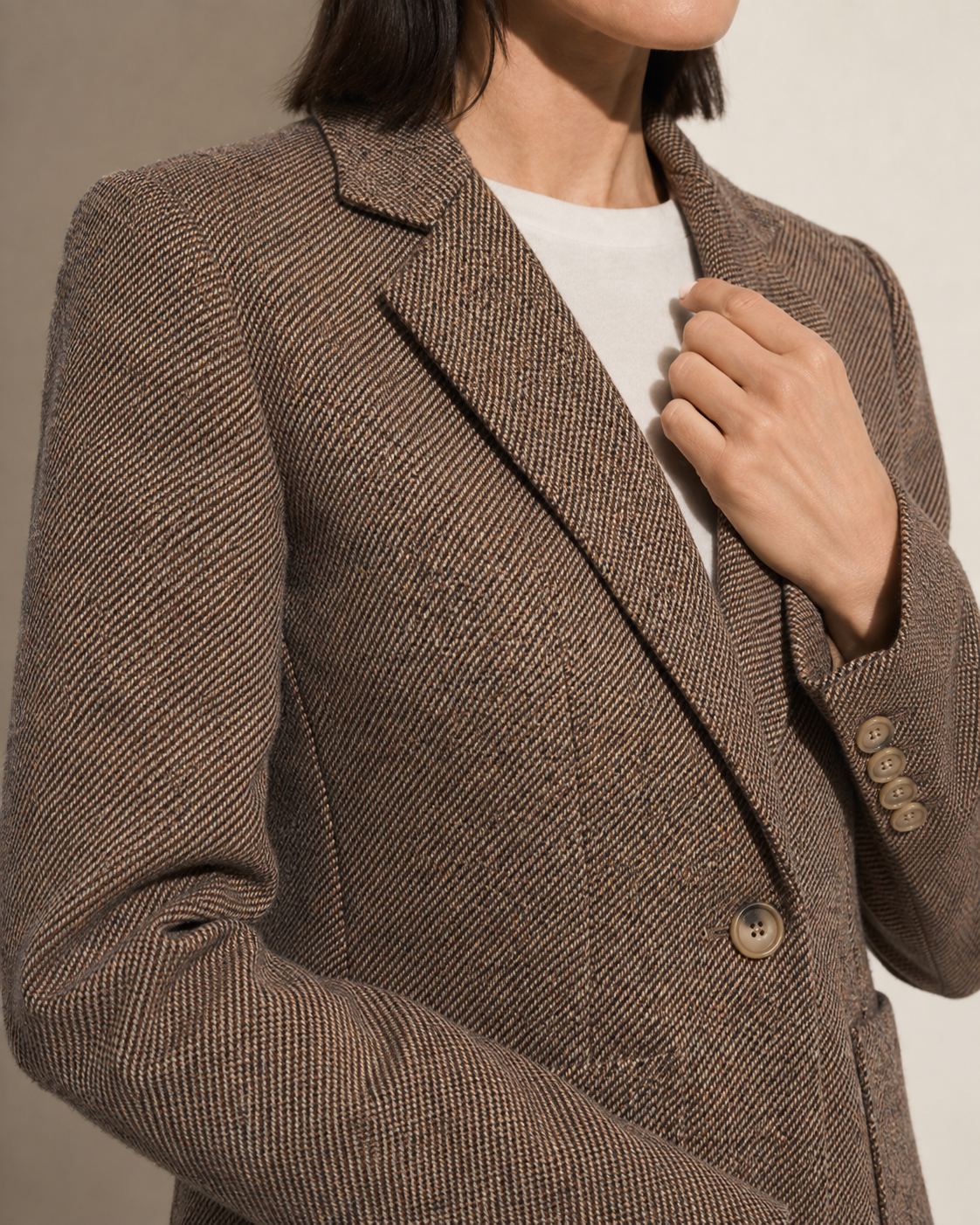 Women's Textured Single-Button Blazer for Smart Layering in Coffee, 05 material macro, worn by model