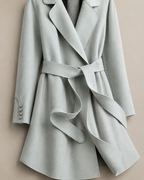 Women's Belted Wrap Coat with Draped Hem in Light Green, 05 material macro, worn by model