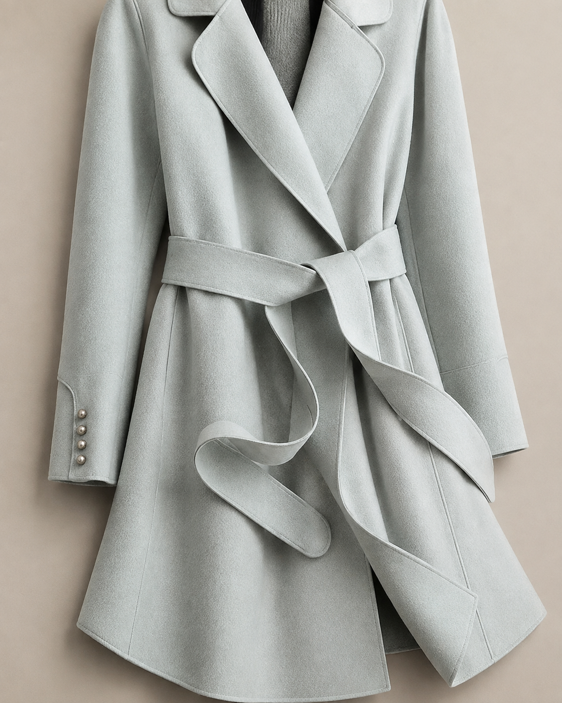 Women's Belted Wrap Coat with Draped Hem in Light Green, 05 material macro, worn by model
