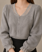 Women's V-Neck Lace Trim Button-Front Top in Gray, 05 material macro, worn by model