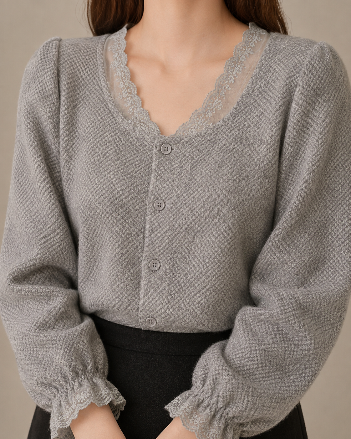 Women's V-Neck Lace Trim Button-Front Top in Gray, 05 material macro, worn by model