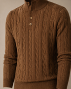 Half-height Henry Collar Button Twisted Sweater Thick Fashion Men's Knitwear in TL702 Caramel Mocha, 05 material macro, worn by model