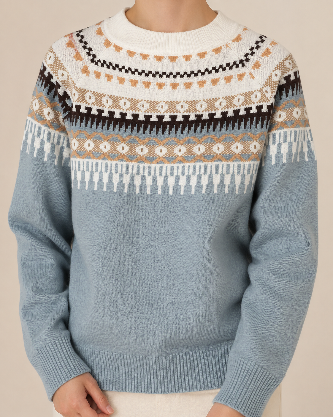 Women's Fair Isle Crewneck Knit Sweater in Sky Blue, 05 material macro, worn by model