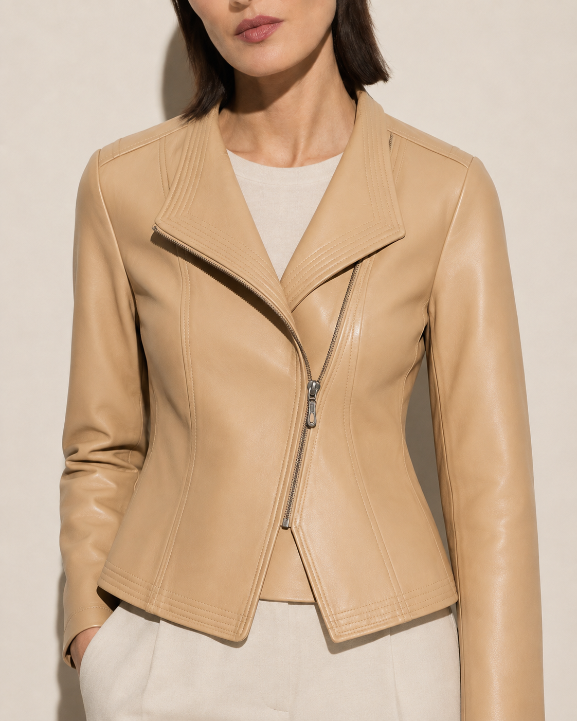 Women's Faux Leather Moto Jacket with Zip Front in Apricot, 05 material macro, worn by model