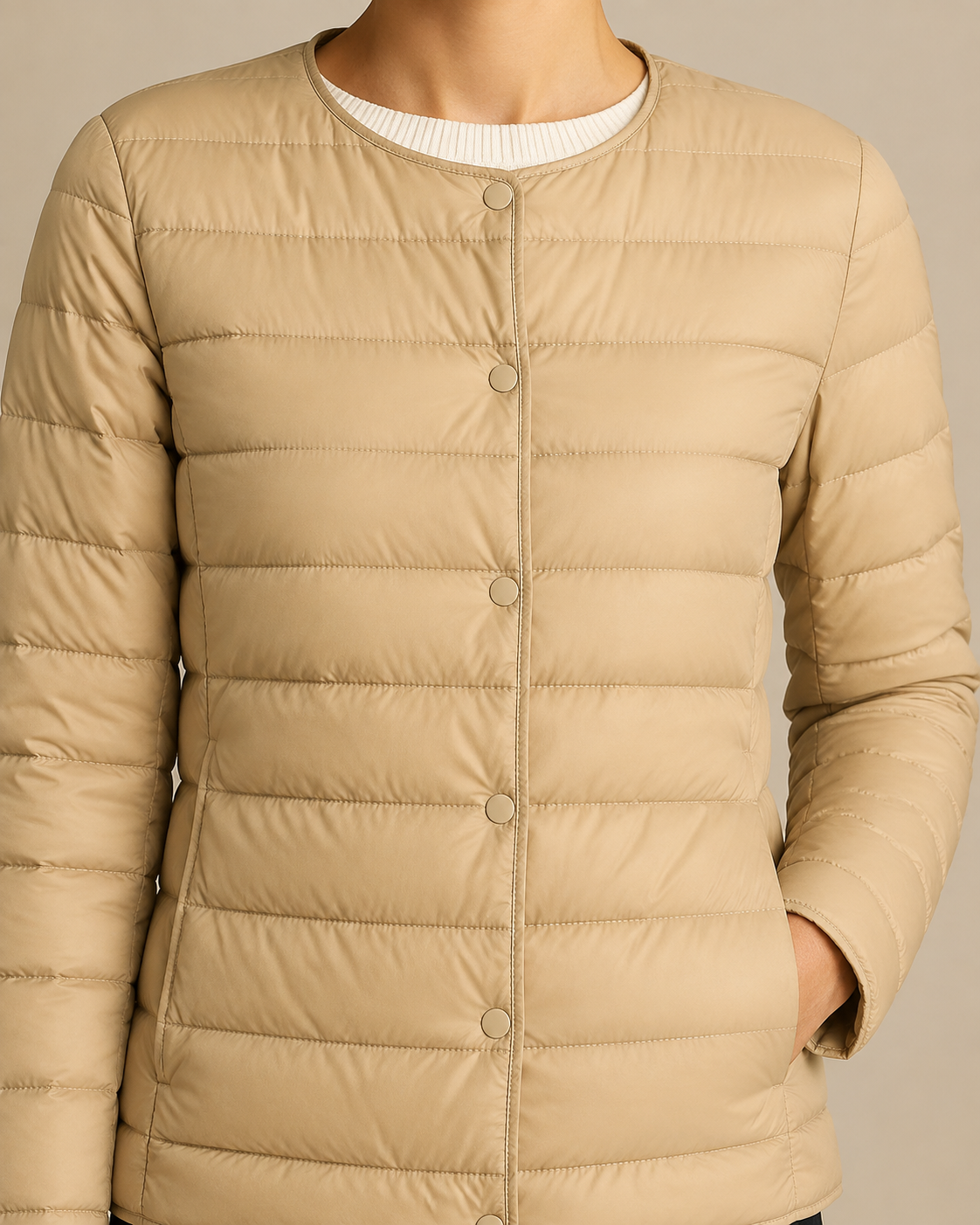 Women's Lightweight Down-Filled Quilted Jacket for Layering in Khaki, 05 material macro, worn by model