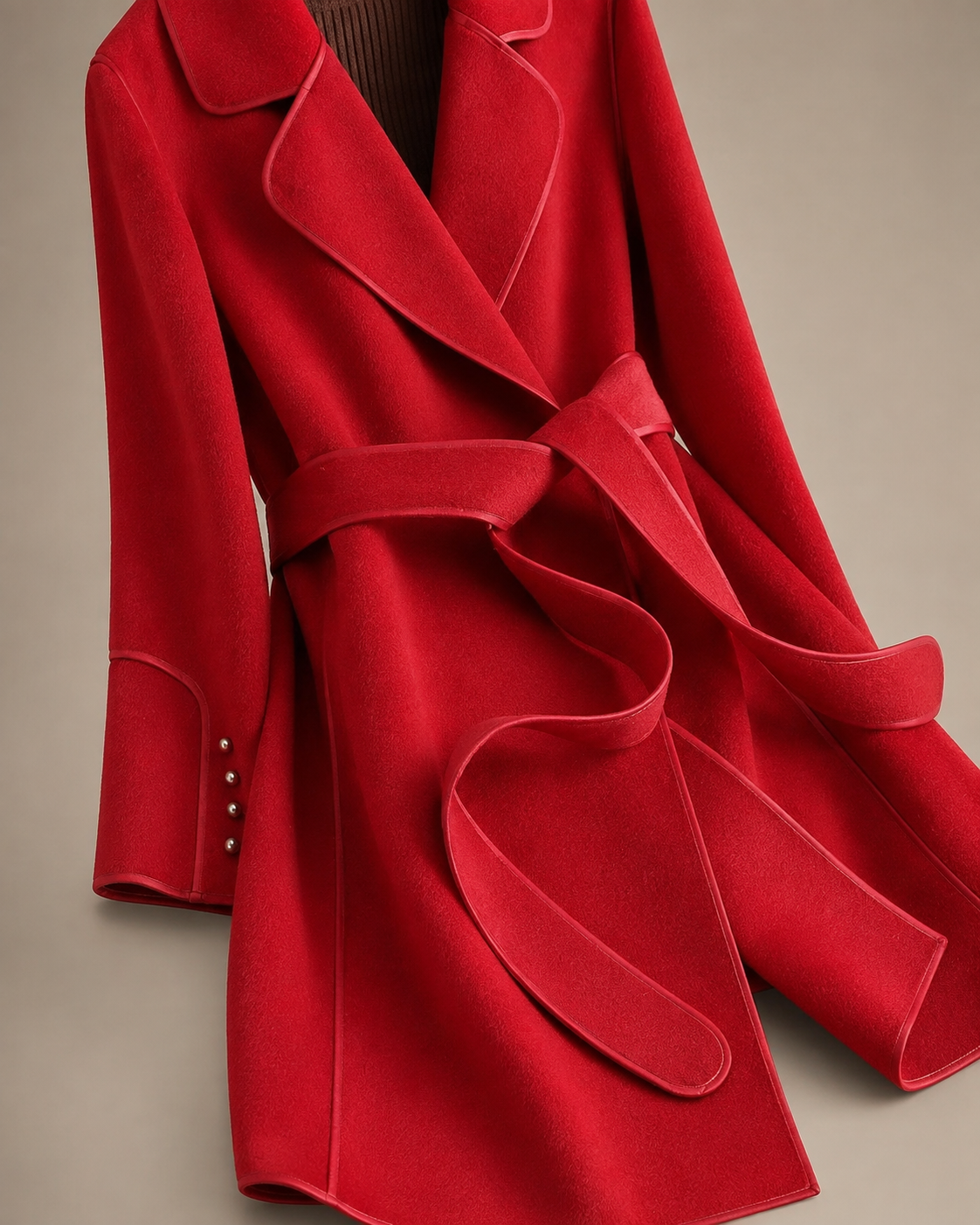 Women's Belted Wrap Coat with Draped Hem in Red, 05 material macro, worn by model
