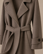 Women's Belted Wool Coat with Chest Flap Pockets in Gray Coffee Color, 05 material macro, worn by model