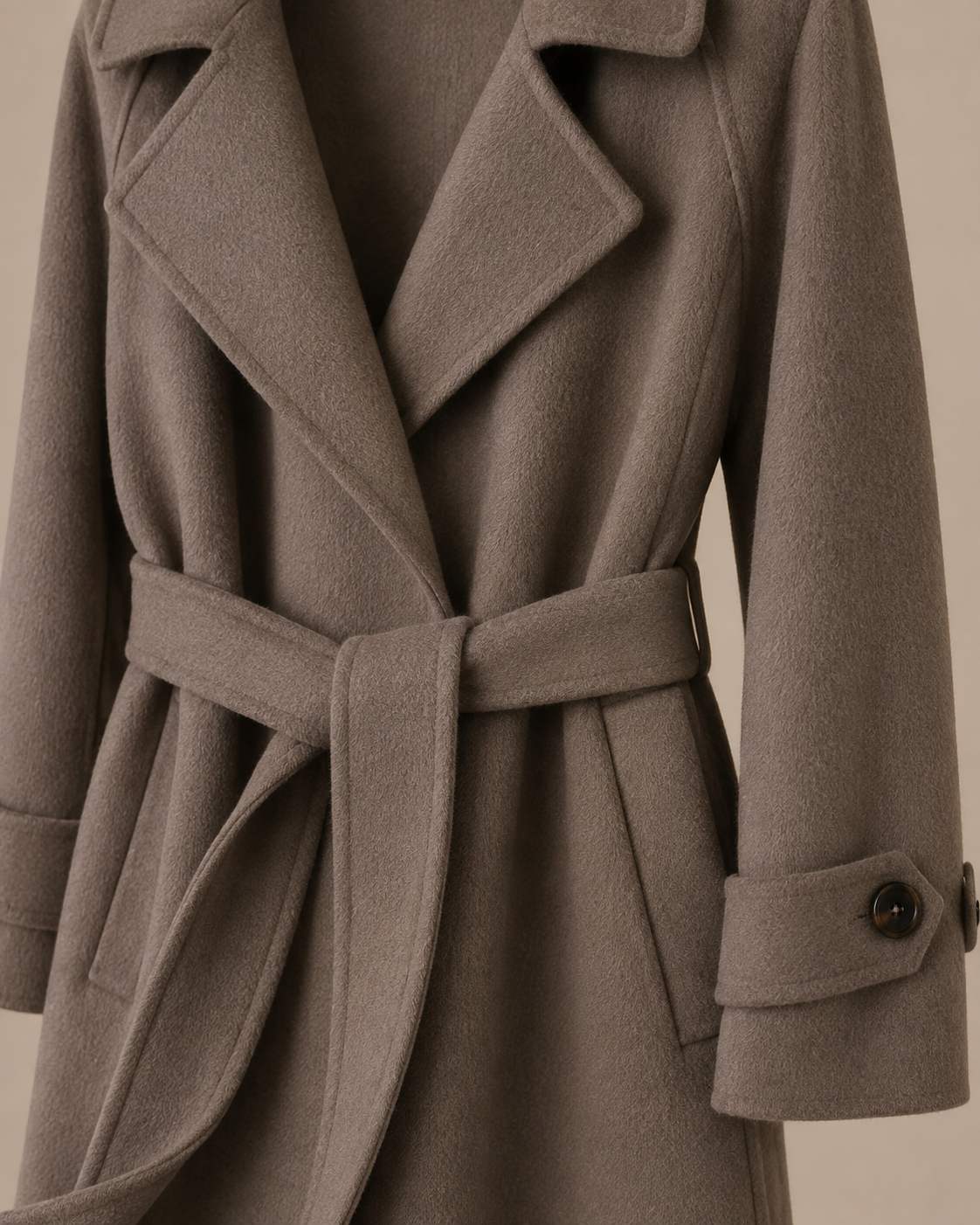 Women's Belted Wool Coat with Chest Flap Pockets in Gray Coffee Color, 05 material macro, worn by model