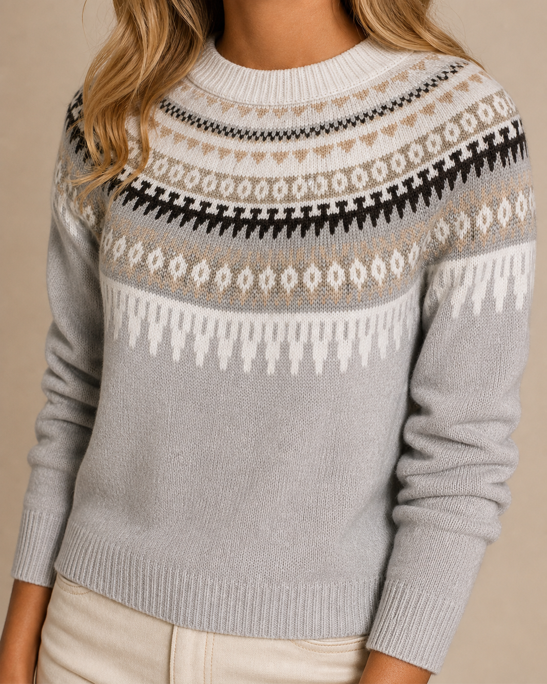 Women's Fair Isle Crewneck Knit Sweater in Light Grey, 05 material macro, worn by model