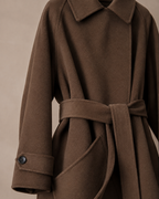 Women's Belted Wool Coat with Chest Flap Pockets in Brown, 05 material macro, worn by model