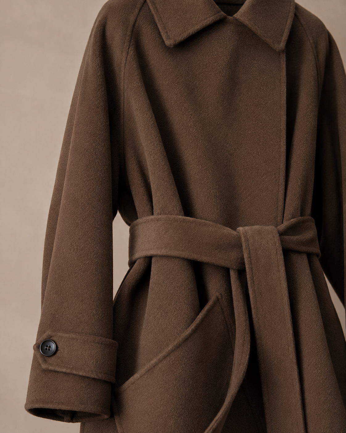 Women's Belted Wool Coat with Chest Flap Pockets in Brown, 05 material macro, worn by model