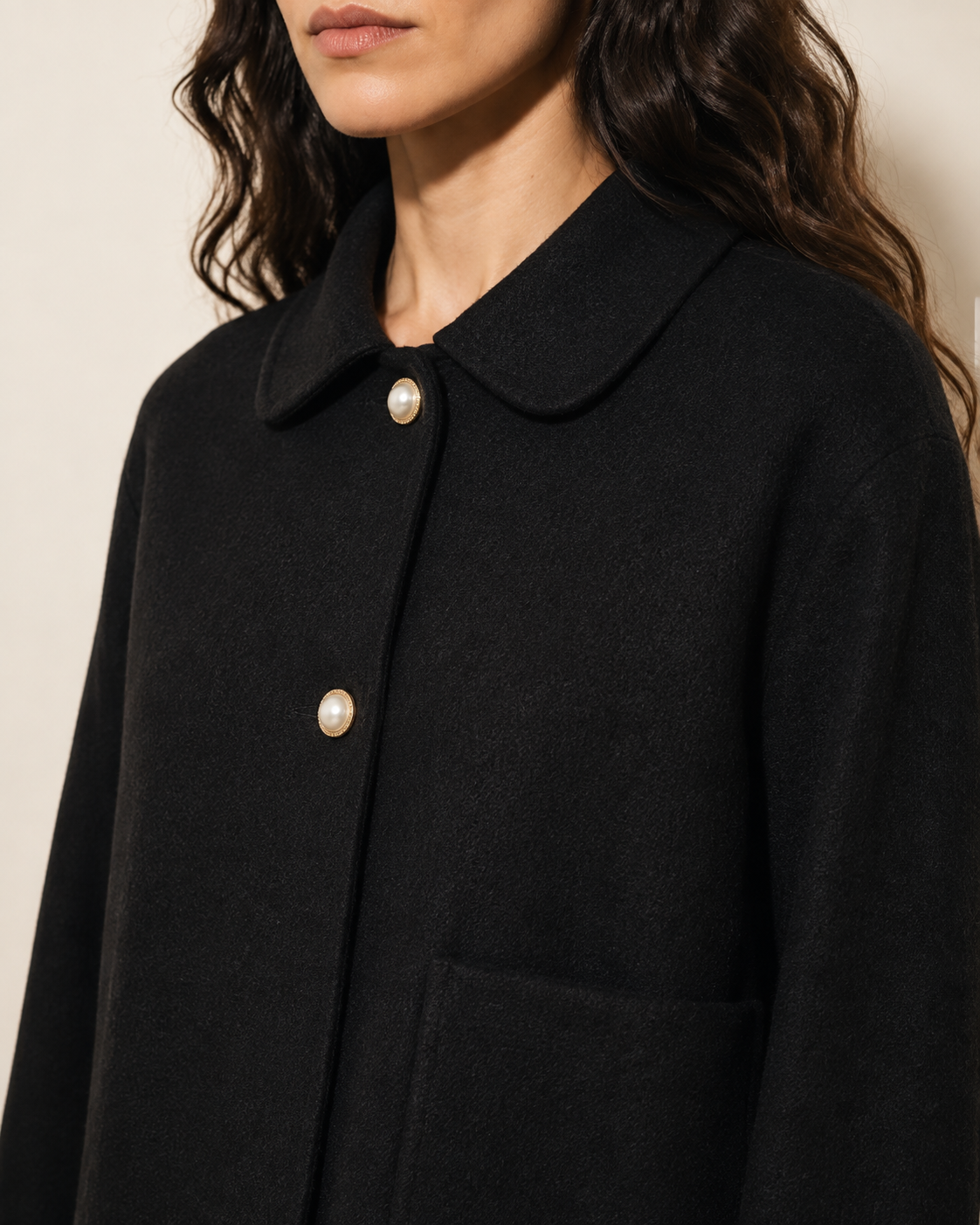 Women's Cropped Button-Front Woolen Jacket for Layering in Black, 05 material macro, worn by model
