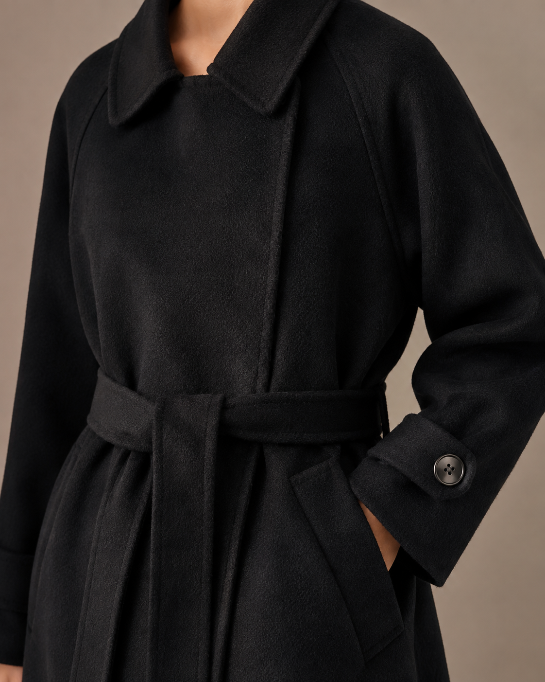 Women's Belted Wool Coat with Chest Flap Pockets in Black, 05 material macro, worn by model