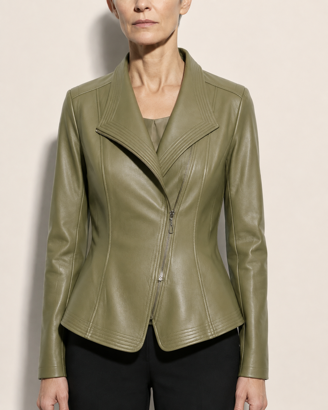 Women's Faux Leather Moto Jacket with Zip Front in Green, 05 material macro, worn by model