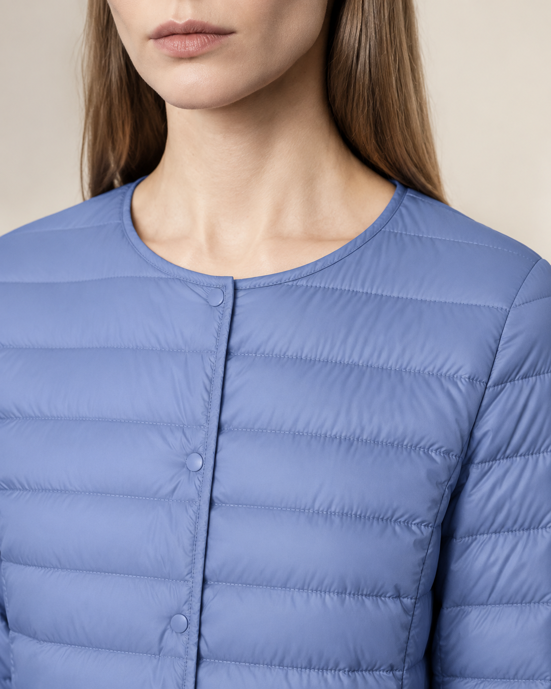 Women's Lightweight Down-Filled Quilted Jacket for Layering in Haze Blue, 05 material macro, worn by model