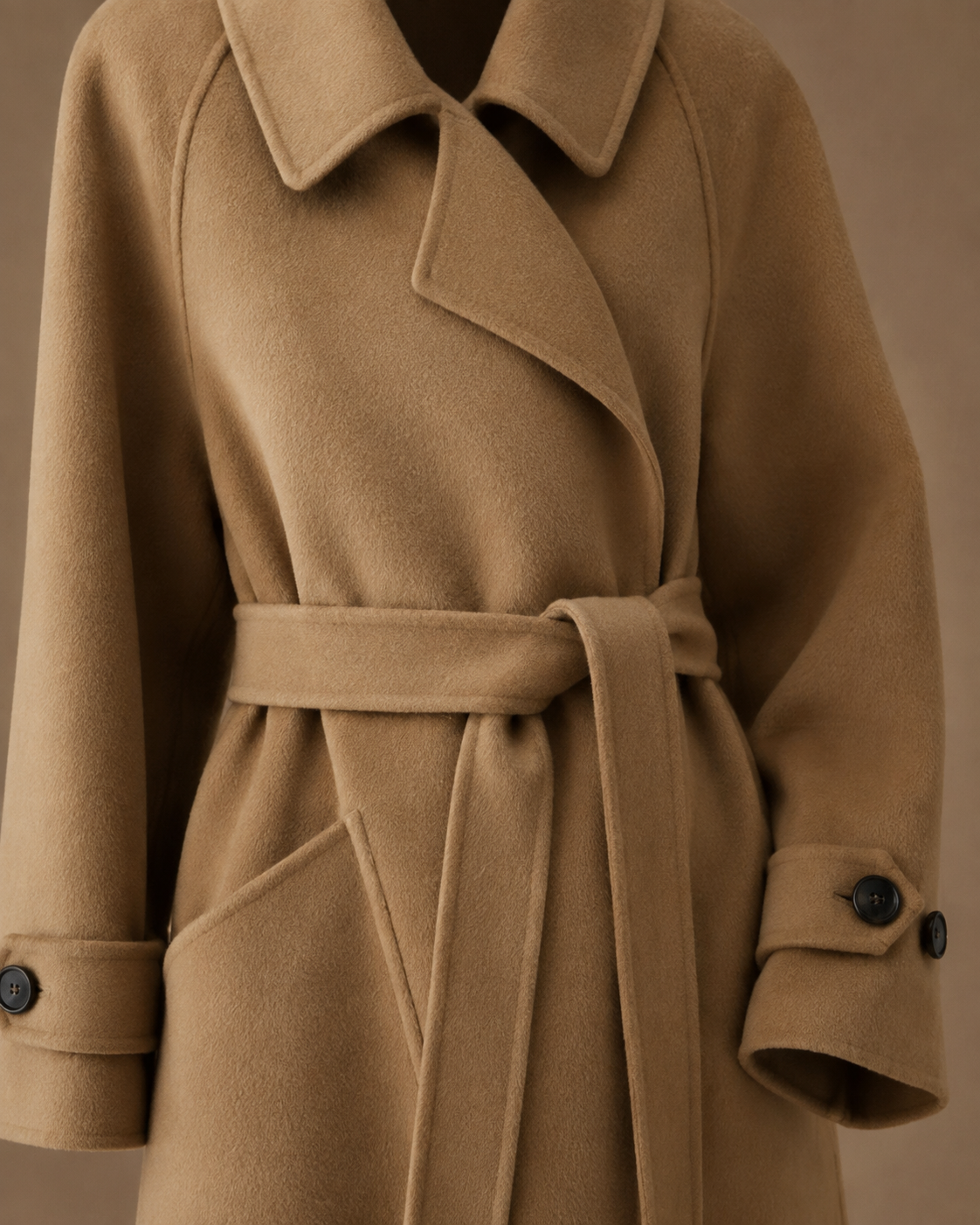 Women's Belted Wool Coat with Chest Flap Pockets in Camel, 05 material macro, worn by model