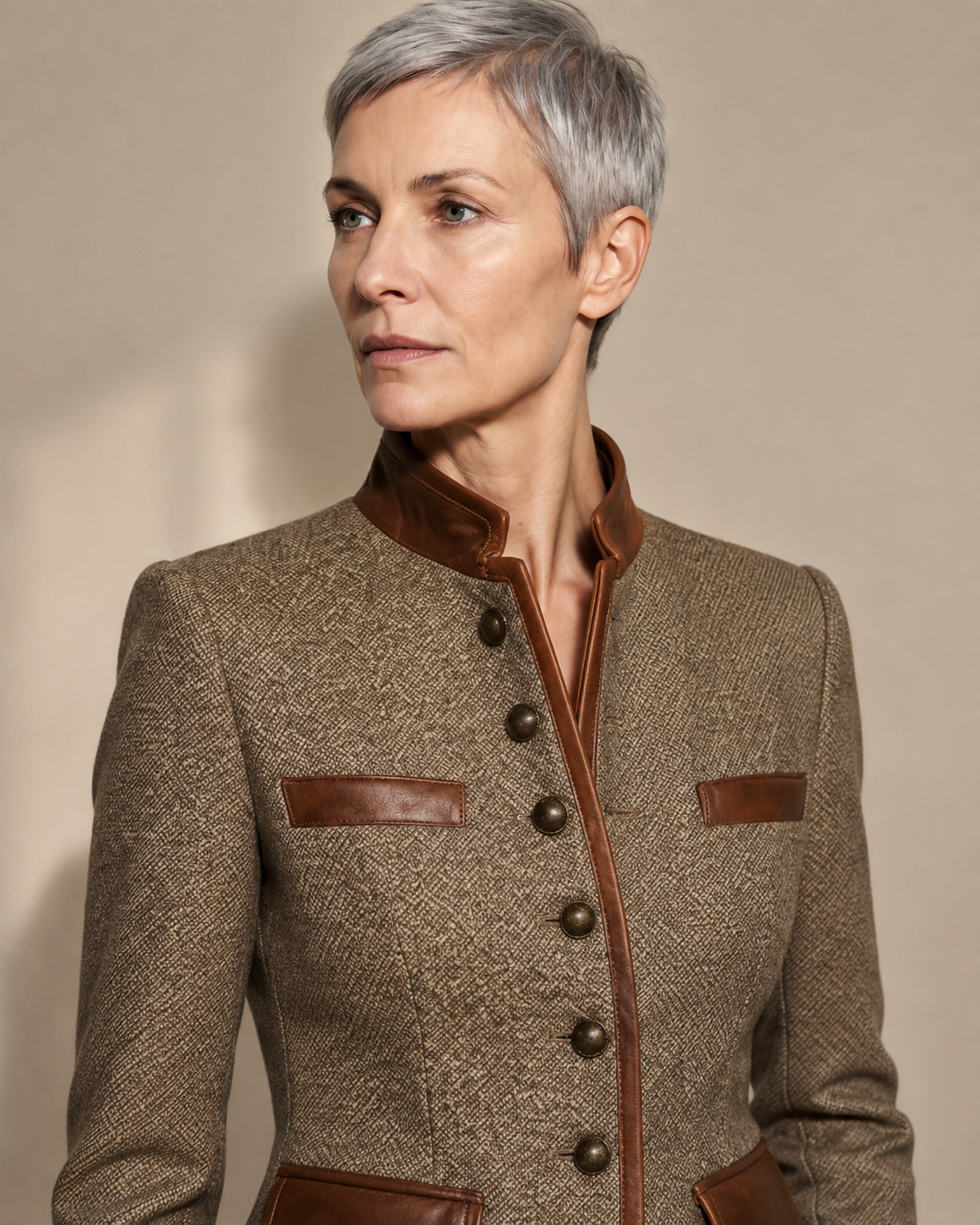 Women's Trim Detail Button Front Jacket in Brown, 05 material macro, worn by model