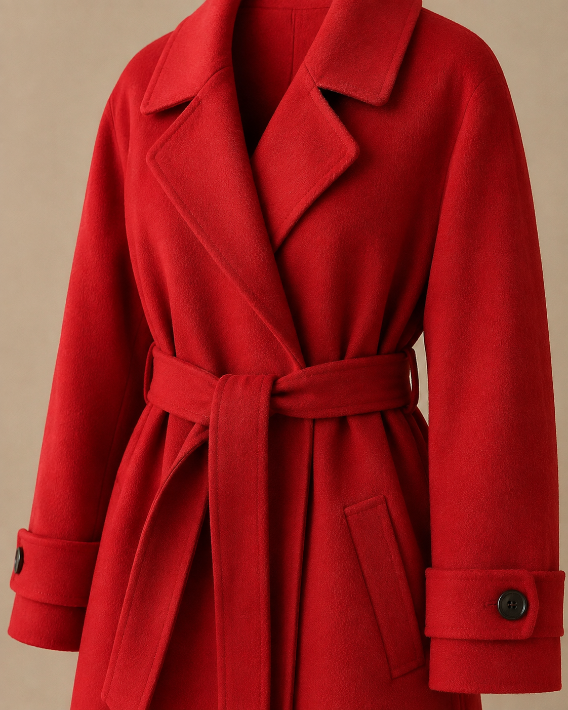 Women's Belted Wool Coat with Chest Flap Pockets in Bright Red, 05 material macro, worn by model