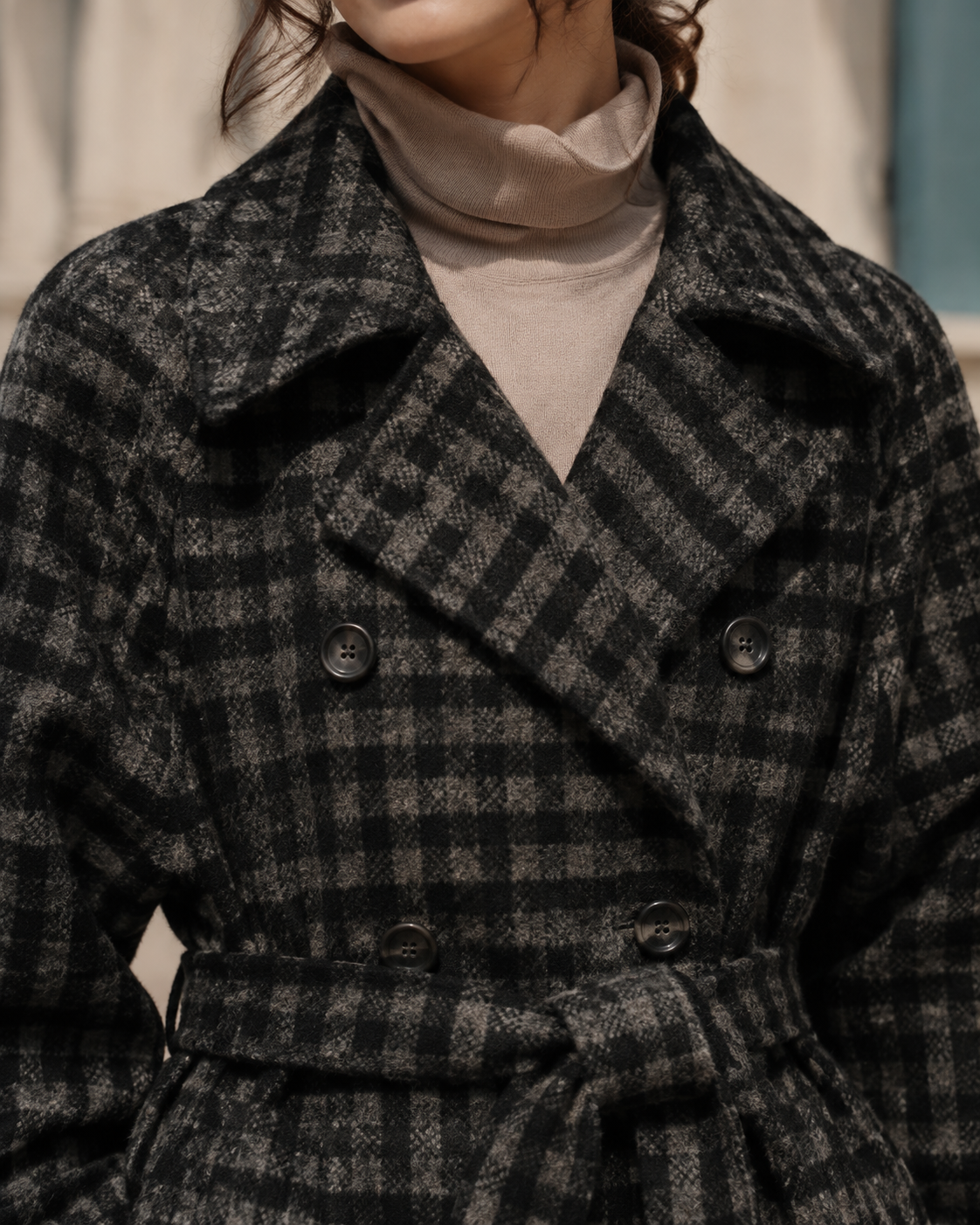Women's Long Plaid Button-Front Coat for Smart Layering in Black, 05 material macro, worn by model