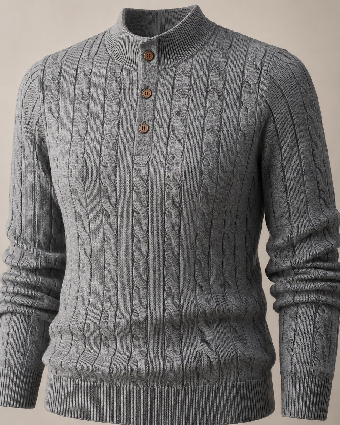 Half-height Henry Collar Button Twisted Sweater Thick Fashion Men's Knitwear in TL702 Iron Gray, 05 material macro, worn by model