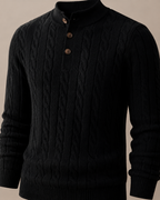 Half-height Henry Collar Button Twisted Sweater Thick Fashion Men's Knitwear in TL702 Black, 05 material macro, worn by model