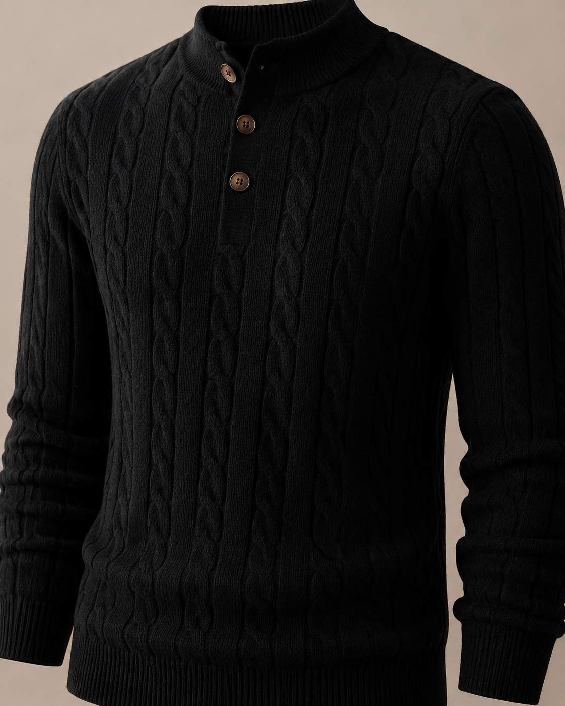 Half-height Henry Collar Button Twisted Sweater Thick Fashion Men's Knitwear in TL702 Black, 05 material macro, worn by model