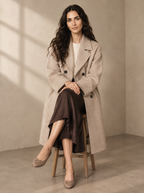 Warm editorial room · Soft sophisticated / old money Beige seated or lean