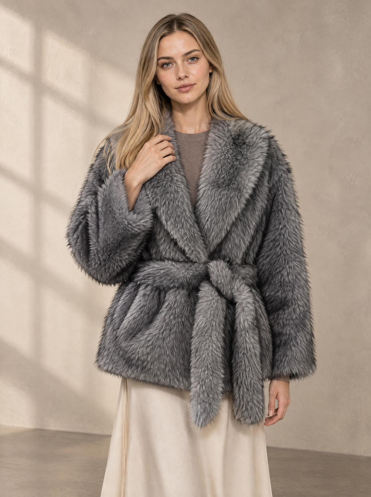 Warm editorial room · Soft sophisticated / old money Grey adjusting