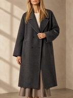 Warm editorial room · Soft sophisticated / old money Grey bust to thigh