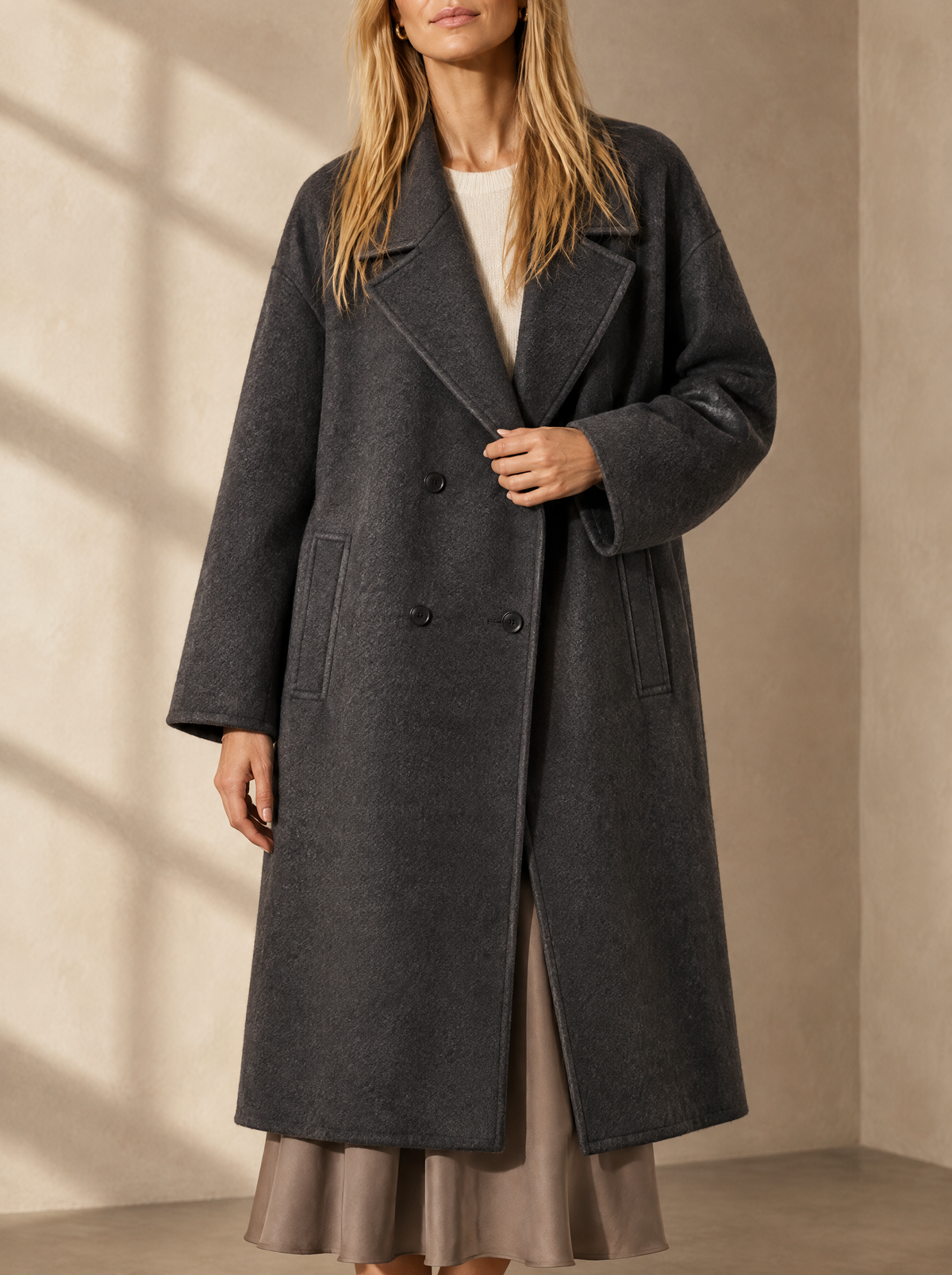 Warm editorial room · Soft sophisticated / old money Grey bust to thigh