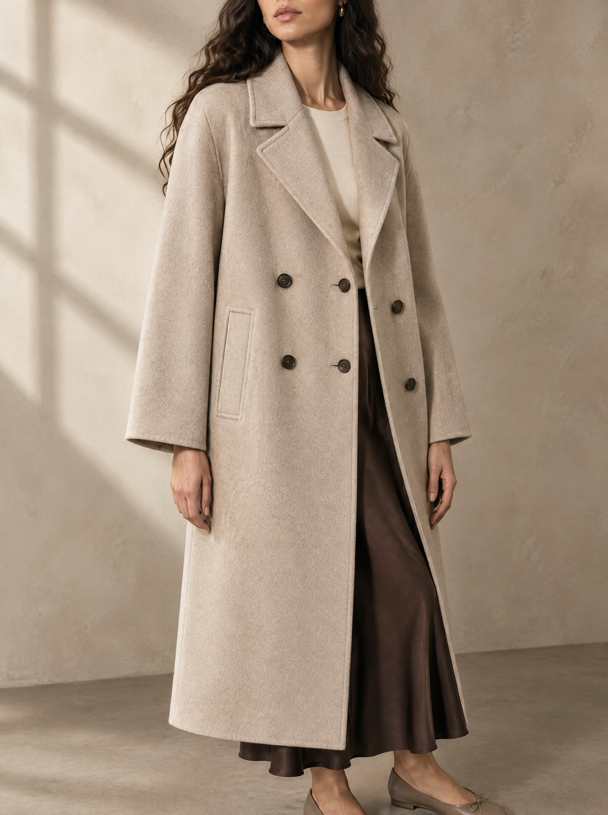 Warm editorial room · Soft sophisticated / old money Beige bust to thigh