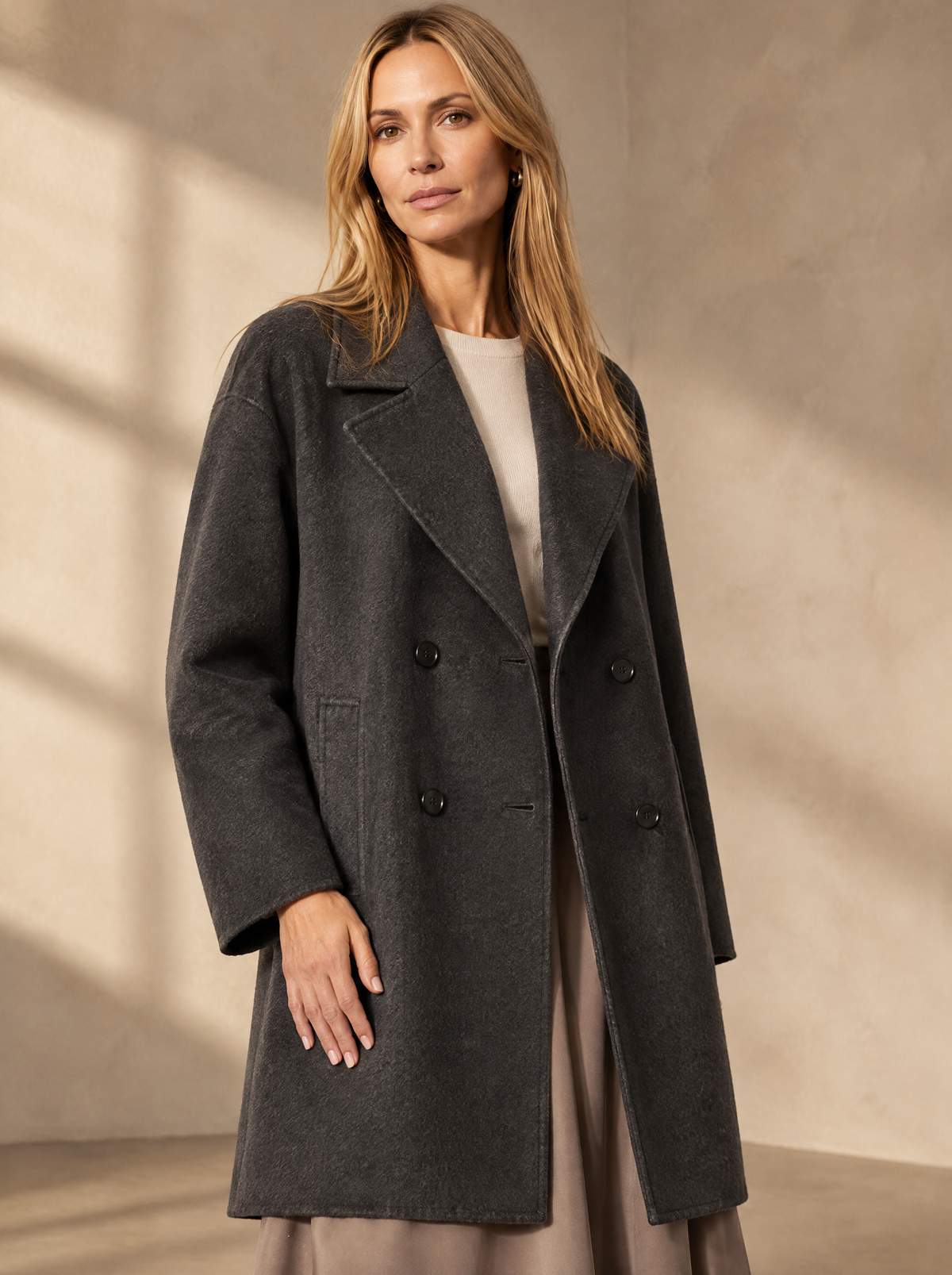 Warm editorial room · Soft sophisticated / old money Grey adjusting