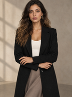 Warm editorial room · Soft sophisticated / old money Black adjusting