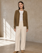 Women's Stand Collar Button Front Cardigan in Deep Camel Color, frontal relaxed stand, worn by model