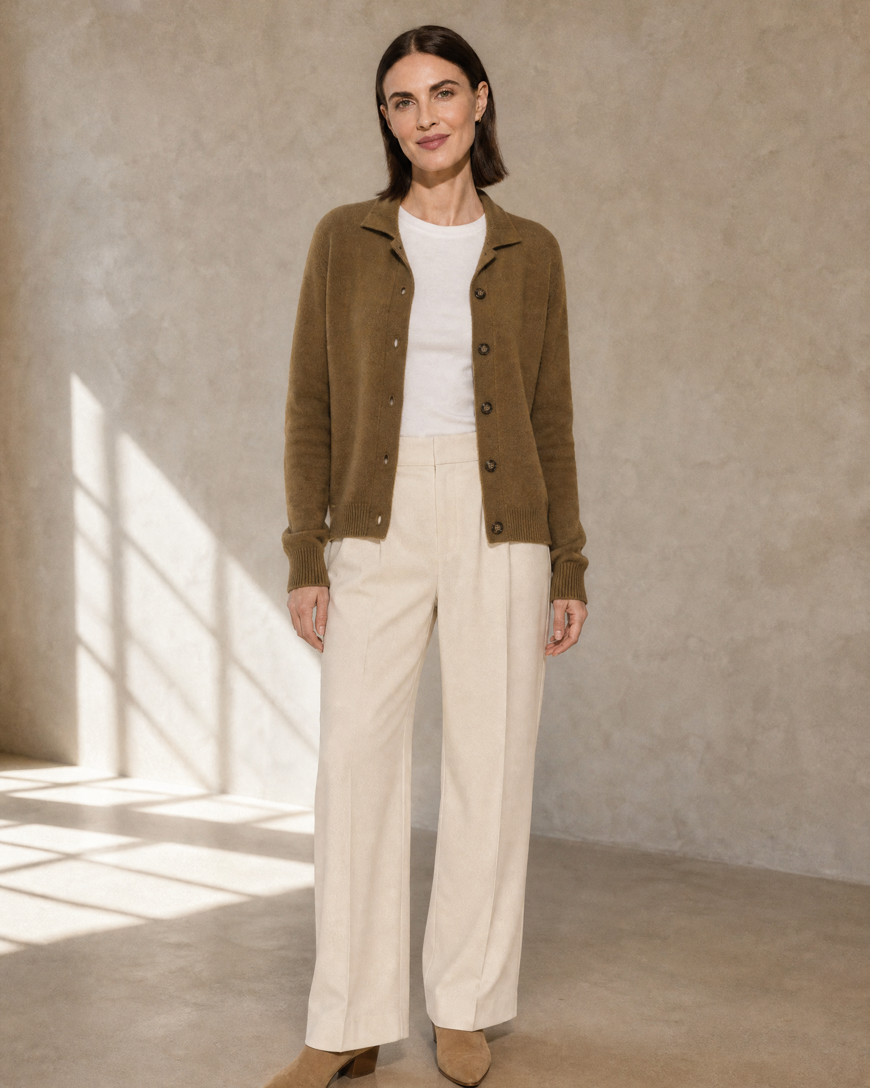 Women's Stand Collar Button Front Cardigan in Deep Camel Color, frontal relaxed stand, worn by model