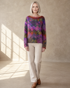 Women's Multicolour Patterned Crew Neck Sweater in Square, frontal relaxed stand, worn by model