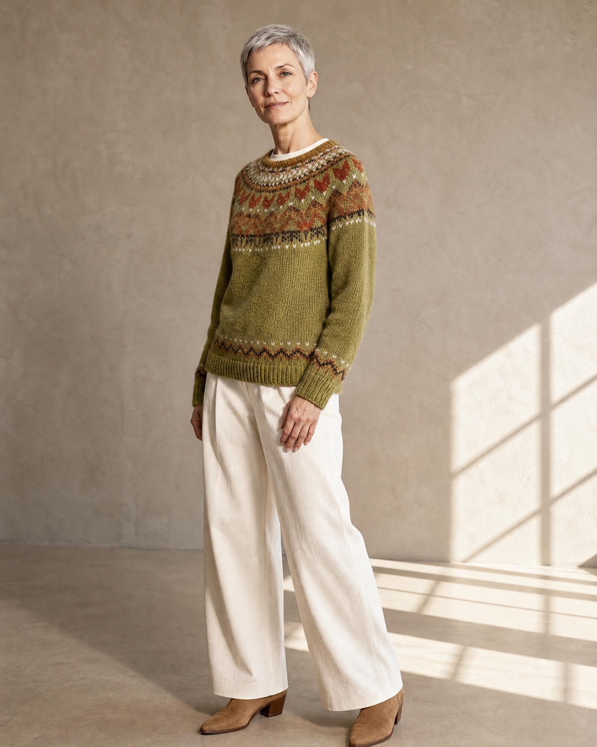 Women's Multicolour Patterned Crew Neck Sweater in Olive, three-quarter turn, worn by model