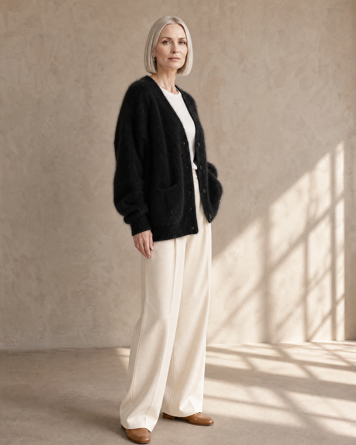 Women's V-Neck Button Cardigan with Pockets in Black, three-quarter turn, worn by model