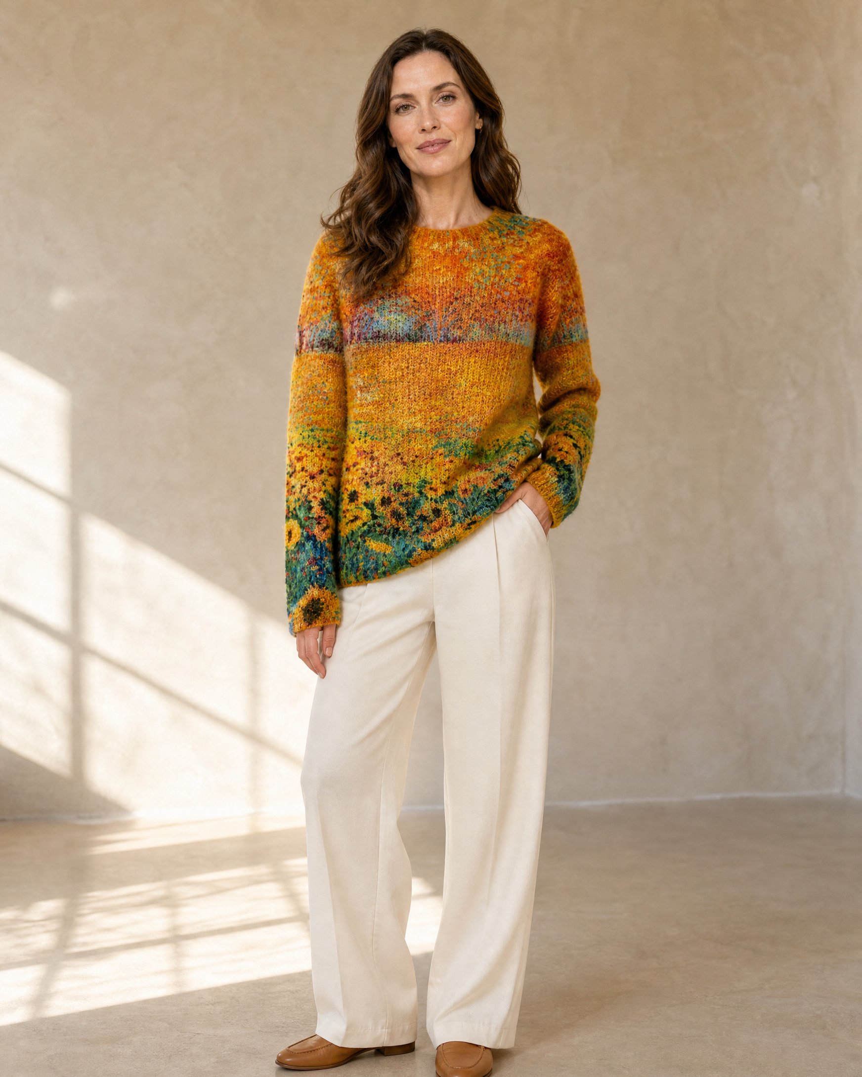 Women's Multicolour Patterned Crew Neck Sweater in Sunflower, contrapposto hand on hip, worn by model