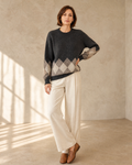 Women's Colour Block Argyle Knit Sweater in Dark Gray, contrapposto hand on hip, worn by model