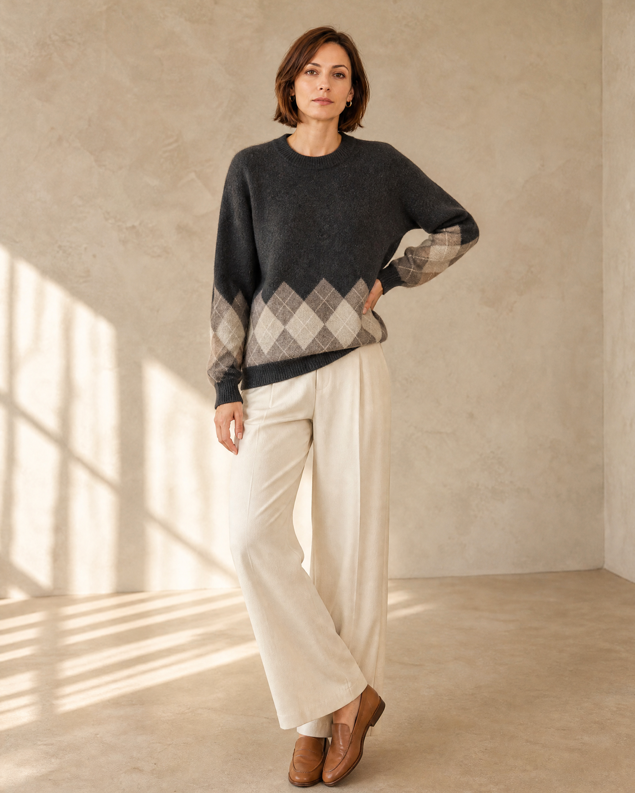 Women's Colour Block Argyle Knit Sweater in Dark Gray, contrapposto hand on hip, worn by model